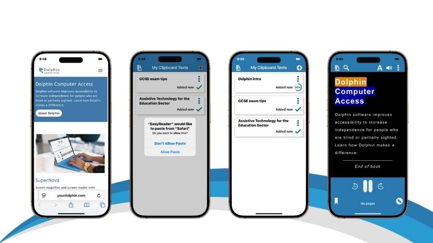 iphones displaying the stages of reading clipboard text in EasyReader